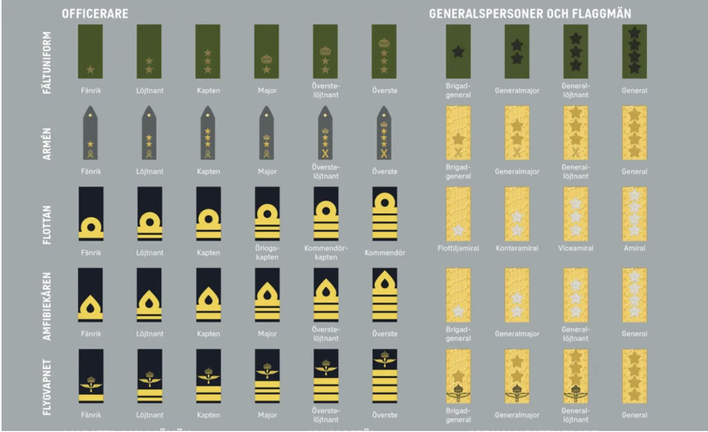 Gradbeteckningar för officerare (fänrik till överste, i flottan kommendör) och generalspersoner och flaggmän (brigadgeneral till general, flottiljamiral till amiral) på fältuniform och för armén, flottan, amfibiekåren och flygvapnet.